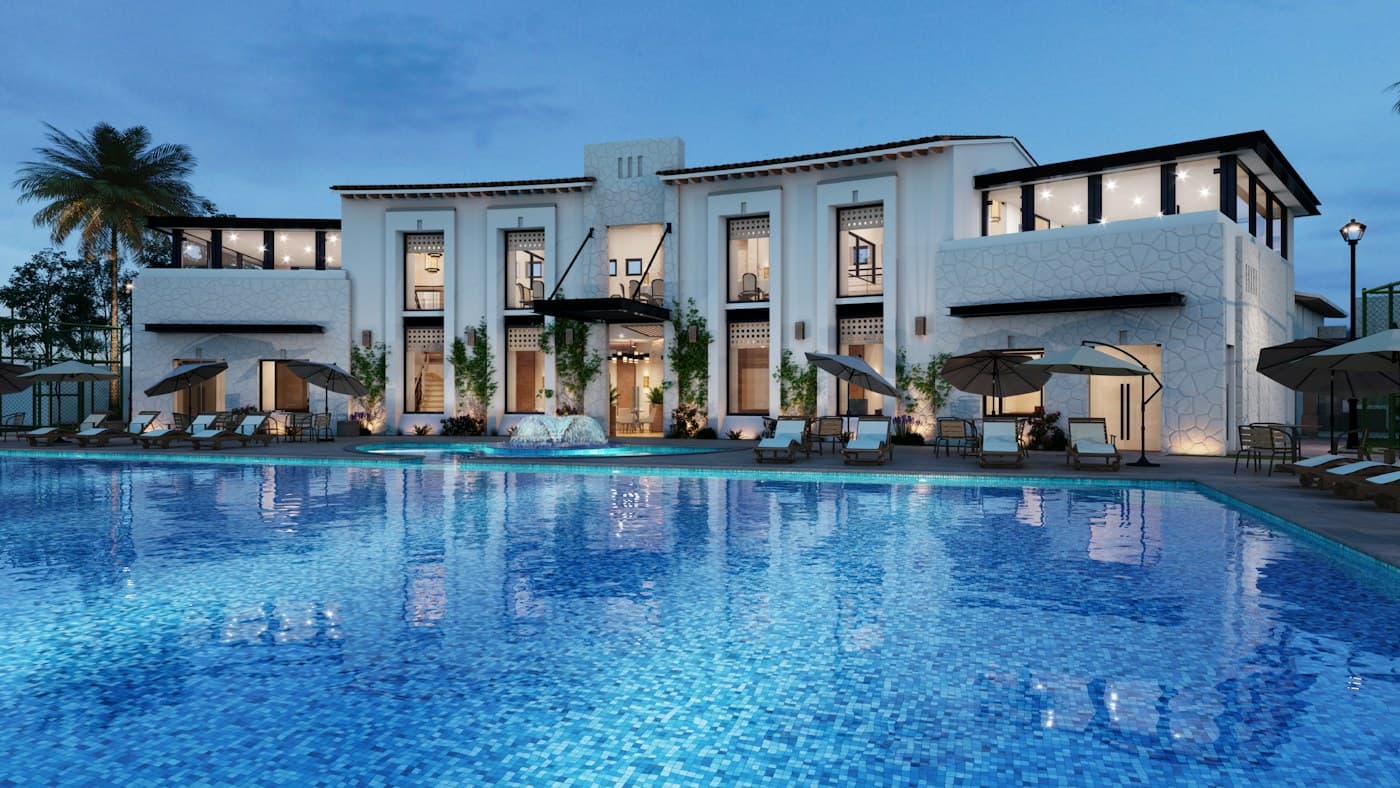 Premium hotel exterior and pool at dusk